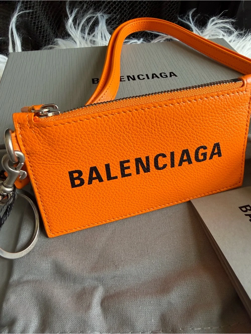 Balenciaga Orange Leather Logo Keyring Card Holder Crossbody Detachable